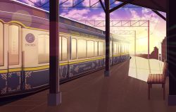 Rule 34 | absurdres, bench, biako, cloud, cloudy sky, commentary request, evening, gradient sky, highres, no humans, original, outdoors, revision, scenery, sky, sun, sunlight, sunset, train, train station, yellow sky