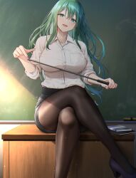 Rule 34 | 1girl, absurdres, artist request, black pantyhose, book, breast pocket, breasts, chalkboard, date a live, fantasia re:build, green eyes, green hair, highres, large breasts, light, long hair, natsumi (date a live), official art, open mouth, pantyhose, pink nails, pocket, shirt, sitting, sitting on table, solo, white shirt