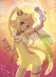 Rule 34 | 1girl, angel, angel wings, armpits, blonde hair, bracelet, breasts, fana (fanamori), green eyes, halo, highres, jewelry, lots of jewelry, navel, one eye closed, original, see-through, side ponytail, solo, thighlet, wings, wink