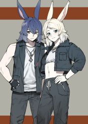 Rule 34 | 2boys, androgynous, animal ears, blonde hair, blue hair, brown eyes, commentary request, crop top, denim, denim jacket, expressionless, final fantasy, final fantasy xiv, fingerless gloves, gloves, green eyes, hair between eyes, hand on own hip, jacket, jewelry, light smile, long sleeves, looking at viewer, male focus, medium hair, multiple boys, navel, necklace, niboshi kom, rabbit ears, shirt, simple background, sleeveless, viera, warrior of light (ff14), white shirt