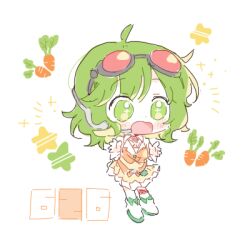 Rule 34 | 1girl, afterimage, ahoge, boots, bow, carrot, chibi, collar, collared shirt, colored inner hair, commentary, cs voca, footwear bow, frilled skirt, frills, full body, goggles, goggles on head, green bow, green hair, grey-framed eyewear, gumi, headpiece, kneehighs, lowres, medium hair, miniskirt, motion lines, multicolored hair, notice lines, orange shirt, puffy short sleeves, puffy sleeves, red-tinted eyewear, red socks, round eyewear, shirt, short sleeves, simple background, single kneehigh, single sock, skirt, socks, solo, sparkle, star (symbol), symbol-only commentary, tinted eyewear, vocaloid, waving hands, white background, white collar, white footwear, white headphones, white sleeves, yellow skirt
