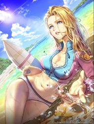 Rule 34 | 1girl, beach, blonde hair, blue eyes, breasts, cleavage, cloud, collarbone, day, dutch angle, forest, furyou michi ~gang road~, hair in own mouth, highres, large breasts, looking at viewer, lying, nature, navel, on side, original, outdoors, parted lips, partially submerged, redmoon, sky, solo, splashing, starfish, sun, surfboard, swimsuit, water, wet