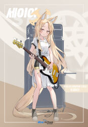 Rule 34 | 1girl, absurdly long hair, absurdres, animal ears, bare legs, bass guitar, black skirt, blonde hair, blue archive, blush, breasts, dress, expressionless, fox ears, fox girl, gradient eyes, halo, highres, holding, holding instrument, indoors, instrument, kenma pro, long hair, looking at object, looking down, multicolored eyes, music, pink eyes, playing instrument, seia (blue archive), short sleeves, side slit, skirt, slit pupils, small breasts, smile, very long hair, white dress, yellow eyes