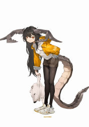 Rule 34 | 1girl, black hair, commentary request, full body, hand in pocket, highres, holding, holding stuffed toy, horns, jacket, leaning forward, pantyhose under shorts, long hair, orange eyes, original, pantyhose, rias-coast, shoes, shorts, sneakers, solo, stuffed animal, stuffed toy, tail, white background, yellow jacket