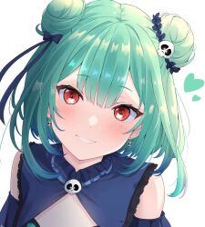 Rule 34 | 1girl, blue ribbon, blunt bangs, bug, butterfly, collar, detached sleeves, double bun, earrings, flat chest, frilled collar, frills, green hair, grin, hair bun, hair ornament, heart, highres, hololive, insect, jewelry, kurono yuzuko, looking at viewer, medium hair, portrait, red eyes, ribbon, sidelocks, simple background, skull brooch, skull earrings, skull hair ornament, smile, uruha rushia, uruha rushia (1st costume), virtual youtuber, white background
