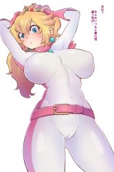 Rule 34 | 1girl, :o, bad id, bad pixiv id, belt, biker clothes, biker peach, bikesuit, blonde hair, blue eyes, blush, bodysuit, breasts, breasts apart, cameltoe, covered erect nipples, covered navel, cowboy shot, crown, earrings, gem, gloves, huge breasts, impossible clothes, jewelry, long hair, mario (series), mario kart, mario kart wii, nintendo, open mouth, ponytail, princess peach, racing suit, scarf, skin tight, solo, super mario bros. 1, sweat, thick thighs, thighs, toned, translated, white background, zabumaku