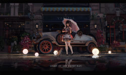 Rule 34 | 1girl, animal, bare shoulders, belt, black footwear, blue eyes, blunt bangs, brown hair, car, cat, closed mouth, criss-cross halter, detached sleeves, dress, english text, fire hydrant, full body, halter dress, halterneck, highres, holding, holding umbrella, ibara dance, lamp, light, long hair, looking at viewer, mary janes, motor vehicle, one side up, original, parasol, petticoat, plant, potted plant, puddle, puffy short sleeves, puffy sleeves, rain, red dress, reflection, road, shoes, shop, short sleeves, sign, smile, solo, standing, storefront, street, thighhighs, town, umbrella, water, wide shot, zettai ryouiki