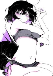 Rule 34 | 1girl, antennae, black hair, blush, breast press, breasts, commentary, crop top, english commentary, fins, grey shorts, hair between eyes, hemuling, highres, looking at viewer, medium breasts, monochrome, monster girl, multicolored hair, navel, original, purple eyes, purple hair, short hair, shorts, simple background, sitting, smile, solo, tail, webbed hands