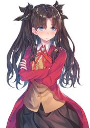 Rule 34 | 1girl, bad id, bad twitter id, black ribbon, blue eyes, blush, brown hair, brown skirt, brown vest, closed mouth, cowboy shot, crossed arms, fate/stay night, fate (series), hair ribbon, hakuishi aoi, homurahara academy school uniform, jacket, long hair, long sleeves, looking away, looking to the side, medium skirt, neck ribbon, open clothes, open jacket, parted bangs, raised eyebrows, red jacket, red ribbon, ribbon, school uniform, simple background, skirt, solo, standing, tohsaka rin, two side up, unbuttoned, vest, white background, wing collar