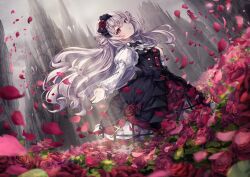 Rule 34 | 1girl, beretta crossrain, blurry, castle, day, depth of field, dress, falling petals, field, flower, flower field, hair ornament, highres, indie virtual youtuber, lolita fashion, looking at viewer, missile228, petals, red eyes, rose, standing, white hair