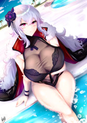 Rule 34 | 1girl, azur lane, bare legs, beach, black one-piece swimsuit, blush, breasts, chair, cleavage, cloak, contrail, crossed legs, flower, from above, fur, gem, graf zeppelin (azur lane), graf zeppelin (beachside urd) (azur lane), hair between eyes, hair flower, hair ornament, halterneck, head tilt, highres, hip vent, ibara azuki, large breasts, legs, legs together, long hair, looking at viewer, lounge chair, one-piece swimsuit, palm tree, parted bangs, pool, popped collar, purple eyes, purple gemstone, see-through, silver hair, sitting, sitting on lap, sitting on person, skin tight, solo, splashing, swimsuit, thighs, tight clothes, tree, two-sided cloak, two-sided fabric, very long hair, water, water drop, wavy hair