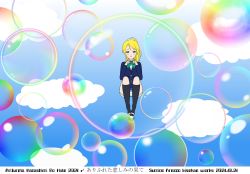 Rule 34 | 1girl, artist name, artist request, ayase eli, bare legs, black jacket, black legwear, blonde hair, blue cardigan, blue eyes, blue jacket, blue skirt, blush, bow, bowtie, breasts, bubble, cardigan, checkered clothes, checkered skirt, cloud, collared shirt, female focus, full body, green bow, hair between eyes, hair ornament, hair scrunchie, high ponytail, highres, index fingers together, jacket, knees up, long hair, long sleeves, looking at viewer, love live!, love live! school idol project, miniskirt, otonokizaka school uniform, parted lips, plaid, plaid skirt, pleated, pleated skirt, ponytail, school uniform, scrunchie, shirt, short hair, short sleeves, skirt, small breasts, smile, solo, striped, striped bow, white footwear, white scrunchie, white shirt