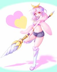 Rule 34 | 1girl, anthurium (flower knight girl), bangle, boots, bracelet, breasts, cleavage, eyebrows, feather boa, flower knight girl, full body, holding, holding weapon, jewelry, koa (artist), medium breasts, midriff, navel, necklace, open mouth, polearm, purple hair, red eyes, shadow, shorts, solo, swimsuit, weapon, white footwear