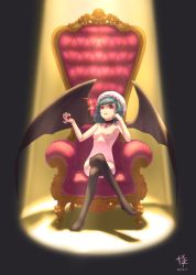 Rule 34 | 1girl, absurdres, alcohol, bat wings, black thighhighs, blue hair, breasts, chair, choker, crossed legs, cup, drinking glass, fang, female focus, hat, highres, looking at viewer, navel, nipples, nude, nudist, open mouth, qingmingtongzi, red eyes, remilia scarlet, short hair, sitting, small breasts, solo, spotlight, thighhighs, throne, touhou, wine, wine glass, wings