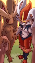 Rule 34 | 2girls, animal ears, black sclera, rabbit ears, cinderace, closed mouth, colored sclera, creatures (company), furry, game freak, gen 4 pokemon, gen 8 pokemon, grass, holding hands, hand on another&#039;s head, highres, looking at viewer, lopunny, multiple girls, nintendo, plague of gripes, pokemon, pokemon (creature), pov, pov hands, red eyes, smile, standing