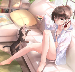 Rule 34 | 1girl, absurdres, animal, bare legs, barefoot, blush, book, bra, breasts, brown eyes, brown hair, carpet, cleavage, collarbone, couch, cup, day, dog, from side, fuu (fuore), hair between eyes, hair ornament, hairclip, highres, holding, holding cup, holding phone, hood, hood down, hoodie, indoors, knee up, light particles, living room, long sleeves, looking at viewer, looking to the side, on couch, open clothes, open hoodie, open mouth, original, panties, phone, pillow, plant, potted plant, shelf, short ponytail, sitting, small breasts, solo, sunlight, tareme, underwear, white bra, white panties, window