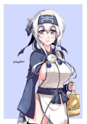 Rule 34 | 10s, 1girl, ainu, ainu clothes, artist name, bandana, black thighhighs, blue eyes, breasts, chain, crate, cropped jacket, dress, folded ponytail, headband, kamoi (kancolle), kantai collection, large breasts, long hair, looking at viewer, mikage takashi, open mouth, sideboob, sidelocks, simple background, sleeveless, sleeveless dress, smile, solo, thick eyebrows, thighhighs, two-tone background, white dress, white hair, wrist guards
