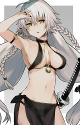 Rule 34 | 1girl, ahoge, bare shoulders, bikini, black bikini, black nails, braid, breasts, breasts apart, collarbone, commentary request, fate/grand order, fate (series), grey background, hair between eyes, halterneck, highres, holding, holding sword, holding weapon, jeanne d&#039;arc alter (swimsuit berserker) (fate), jeanne d&#039;arc (fate), jeanne d&#039;arc alter (fate), jeanne d&#039;arc alter (festival outfit) (fate), katana, large breasts, looking at viewer, moonlaw, nail polish, navel, o-ring, official alternate costume, see-through, silver hair, simple background, solo, swimsuit, sword, twin braids, weapon, white background, yellow eyes