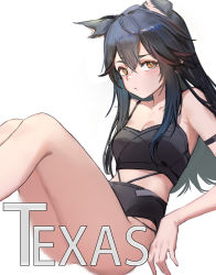 Rule 34 | 1girl, animal ears, arknights, arm strap, bare shoulders, black hair, brown eyes, camisole, crop top, feet out of frame, female focus, hair between eyes, highres, knees up, long hair, looking at viewer, midriff, nuanpapa, simple background, sitting, solo, spaghetti strap, texas (arknights), thighs, white background, wolf ears