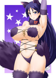Rule 34 | 1girl, animal ears, arm up, armpits, blush, breasts, cleavage, cosplay, cowboy shot, elbow gloves, fate/grand order, fate (series), fur trim, gloves, halloween costume, large breasts, long hair, looking at viewer, mash kyrielight, mash kyrielight (dangerous beast), mash kyrielight (dangerous beast) (cosplay), minamoto no raikou (fate), navel, official alternate costume, purple eyes, purple hair, smile, solo, tail, thighhighs, thighs, very long hair, wolf ears, wolf tail, zerosu (take out)