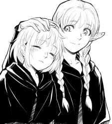 Rule 34 | 2girls, black robe, blush, braid, chinese commentary, closed eyes, closed mouth, commentary request, dungeon meshi, elf, facing viewer, falin touden, falin touden (tallman), greyscale, hand on another&#039;s head, hand up, hood, hood down, hooded robe, long sleeves, looking at another, marcille donato, monochrome, multiple girls, parted lips, pointy ears, robe, short hair, simple background, smile, twin braids, upper body, white background, yakifalin