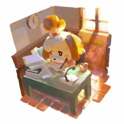 Rule 34 | 1girl, animal crossing, animal ears, black eyes, blush stickers, book, chair, clock, closed mouth, commentary, desk, dog girl, english commentary, glass, highres, indoors, isabelle (animal crossing), jimbobox, light beam, looking down, nintendo, paper, pen, sitting, solo, topknot, wall clock, window, writing