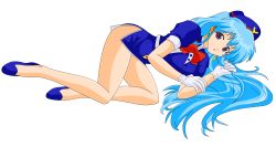 Rule 34 | 1990s (style), 1girl, absurdres, ass, black background, blue footwear, blue hair, bow, breasts, crossed legs, dress, earrings, female focus, flight attendant, gloves, hand up, hat, highres, hip focus, jewelry, legs, long hair, looking to the side, medium breasts, miniskirt, no panties, open mouth, purple eyes, red bow, retro artstyle, shoes, short dress, short sleeves, simple background, sitting, skirt, smile, solo, tenjouin katsura, thighs, third-party edit, travel attendant, vector trace, white gloves, yat anshin uchuu ryokou