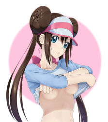 Rule 34 | 1girl, bad id, bad pixiv id, blue eyes, blue sleeves, breasts, brown hair, clothes lift, collarbone, creatures (company), double bun, floating hair, game freak, hair between eyes, hair bun, highres, kuchinawa (nuhsshun), lifting own clothes, long hair, long sleeves, looking at viewer, medium breasts, nintendo, open mouth, pokemon, pokemon bw2, rosa (pokemon), shirt, shirt lift, simple background, solo, underboob, undressing, upper body, very long hair, visor cap, white background, white shirt