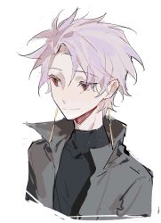 Rule 34 | 1boy, black sweater, closed mouth, earrings, grey jacket, highres, incycle, jacket, jewelry, male focus, open clothes, open jacket, pink hair, red eyes, saibou shinkyoku, short hair, simple background, sketch, smile, solo, sweater, symbol-only commentary, theodore riddle, turtleneck, turtleneck sweater, white background