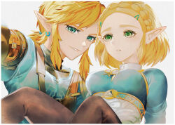 Rule 34 | 1boy, 1girl, black pants, blonde hair, blue eyes, blue shirt, braid, breasts, carrying, champion&#039;s tunic (zelda), commentary request, crown braid, earrings, grey background, hair ornament, hairclip, highres, jewelry, large breasts, light blush, link, looking at another, looking at viewer, nintendo, pants, parted bangs, parted lips, princess carry, princess zelda, selfie, shirt, short hair, short ponytail, signature, smile, the legend of zelda, the legend of zelda: tears of the kingdom, tsujieiri