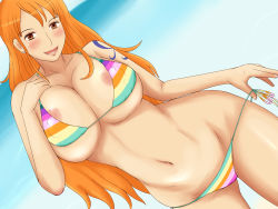 Rule 34 | 1girl, bare shoulders, bent over, bikini, blush, bracelet, breasts, cleavage, curvy, female focus, flower, highres, hip focus, huge breasts, jewelry, large breasts, long hair, momo 765, nami (one piece), nipples, one piece, open mouth, orange hair, solo, swimsuit, tattoo, teeth, thighs, tongue, wide hips