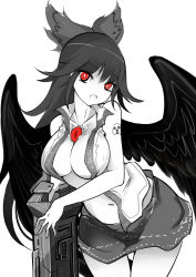 Rule 34 | 1girl, arm cannon, bow, breasts, cleavage, cowboy shot, feathered wings, female focus, hair bow, highres, impossible clothes, large breasts, long hair, looking at viewer, miniskirt, monochrome, navel, open clothes, open mouth, open shirt, radiation symbol, raptor7, red eyes, reiuji utsuho, shirt, simple background, skirt, solo, spot color, stomach, tattoo, thighs, third eye, touhou, veins, weapon, wings