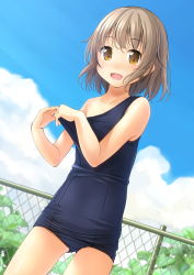 Rule 34 | 1girl, :d, bare arms, bare shoulders, blue one-piece swimsuit, blue sky, blush, brown eyes, brown hair, chain-link fence, cloud, commentary request, day, dutch angle, fang, fence, hair between eyes, highres, looking at viewer, old school swimsuit, one-piece swimsuit, open mouth, original, outdoors, pulled by self, school swimsuit, shibacha, sky, smile, solo, standing, strap pull, swimsuit