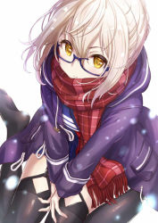 Rule 34 | 1girl, artoria pendragon (all), artoria pendragon (fate), bad id, bad pixiv id, black thighhighs, blonde hair, blue-framed eyewear, blue skirt, blush, closed mouth, coat, drawstring, fate/grand order, fate (series), garter straps, glasses, knees together feet apart, long sleeves, looking at viewer, miniskirt, motion blur, mysterious heroine x alter (fate), mysterious heroine x alter (first ascension) (fate), no shoes, open clothes, open coat, own hands together, plaid, plaid scarf, purple coat, red scarf, saber (fate), saber alter, scarf, school uniform, semi-rimless eyewear, serafuku, short hair, simple background, sitting, skirt, smile, snowing, solo, tareme, thighhighs, under-rim eyewear, v arms, wariza, white background, yellow eyes, yuuki (yukinko-02727), zettai ryouiki