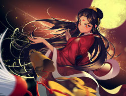 Rule 34 | 1girl, bell, black hair, china dress, chinese clothes, coin, dress, facial mark, floating hair, forehead mark, glint, hair ornament, knot, light blush, light particles, long hair, mid-autumn festival, moon, original, red eyes, seloo, solo, sparkle, tsurime
