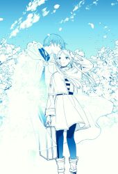 Rule 34 | 1boy, 1girl, blue hair, blue sky, blue theme, boots, cape, capelet, closed mouth, commentary, dress, earrings, elf, falling petals, flower, frieren, ghost, hand on own head, highres, himmel (sousou no frieren), holding, holding suitcase, jewelry, kissing hair, long hair, long sleeves, looking at viewer, mikki (asmp), monochrome, outdoors, pantyhose, petals, pointy ears, short hair, sky, sousou no frieren, suitcase, twintails