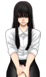 Rule 34 | 1girl, bags under eyes, black hair, black skirt, closed mouth, collared shirt, film grain, green eyes, hair over eyes, highres, hoshi san 3, jimiko, long sleeves, looking at viewer, mole, mole under mouth, office lady, original, pencil skirt, pov, pov hands, shirt, simple background, skirt, solo focus, white background, white shirt, wing collar