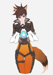 Rule 34 | 1girl, animal ears, bad id, bad twitter id, black gloves, bodysuit, bomber jacket, breasts, brown eyes, brown hair, brown jacket, chest harness, closed mouth, cowboy shot, cross-laced clothes, cross-laced legwear, ear piercing, eyebrows, fingers together, fox ears, fox tail, freckles, fur trim, gloves, grey background, groin, hands up, harness, jacket, kemonomimi mode, leather, leather jacket, neosnim, no goggles, overwatch, overwatch 1, pants, piercing, short hair, short sleeves, simple background, sleeves rolled up, solo, spiked hair, strap, swept bangs, tail, thigh gap, thigh strap, tight clothes, tight pants, tracer (overwatch), vambraces, yellow pants