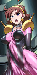 Rule 34 | 1girl, absurdres, bad id, bad pixiv id, blue eyes, blush, bodysuit, brown hair, cameltoe, covered erect nipples, covered navel, g gundam, gundam, highres, impossible bodysuit, impossible clothes, jazz jack, mobile trace suit, multicolored bodysuit, multicolored clothes, pink bodysuit, rain mikamura, skin tight, solo
