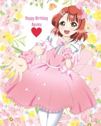 Rule 34 | 1girl, artist name, artist request, back bow, blush, bow, bowtie, braid, braided bun, breasts, clenched hand, dream with you (love live!), dress, dress bow, earrings, female focus, flower, frilled skirt, frills, green eyes, hair bow, hair bun, heart, highres, jewelry, long sleeves, looking at viewer, love live!, love live! nijigasaki high school idol club, love live! school idol festival, miniskirt, neck ruff, necklace, orange hair, parted lips, pearl earrings, pearl necklace, pink bow, pink dress, pink flower, pink skirt, pink wrist cuffs, plaid, plaid dress, plaid skirt, pleated, pleated dress, pleated skirt, polka dot, polka dot skirt, puffy short sleeves, puffy sleeves, reaching, reaching towards viewer, red hair, short hair, short sleeves, side bun, single side bun, skirt, smile, solo, uehara ayumu, white background, white bow, white legwear, wrist cuffs, yellow eyes