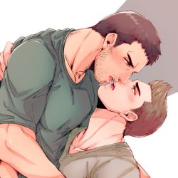 Rule 34 | 2boys, after kiss, bara, black hair, blouse, blush, brown hair, chris redfield, couple, eye contact, facial hair, green shirt, highres, komatta (jammochi), looking at another, male focus, multiple boys, muscular, muscular male, piers nivans, resident evil, resident evil 6, saliva, shirt, short hair, spiked hair, tongue, tongue out, upper body, yaoi