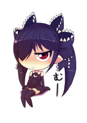 Rule 34 | 1girl, backbeako (torotei), backbeard, black dress, black gloves, black hair, black ribbon, black thighhighs, blush, chibi, closed mouth, commentary, dress, elbow gloves, frown, full body, gegege no kitarou, gloves, hair over one eye, hair ribbon, jitome, long hair, looking at viewer, original, pointy ears, red eyes, ribbon, ringed eyes, simple background, sitting, sleeveless, sleeveless dress, solo, thighhighs, torotei, translated, twintails, white background