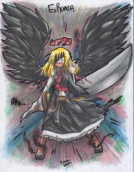 Rule 34 | 1girl, blonde hair, boots, character name, cross-laced footwear, embodiment of scarlet devil, ex-rumia, female focus, full body, lace-up boots, looking at viewer, petticoat, rumia, solo, standing, sword, tagme, touhou, weapon, wings