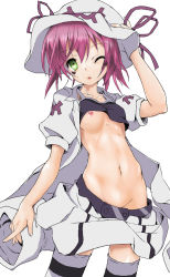 Rule 34 | 1girl, belt, clothes lift, facial mark, flat chest, green eyes, groin, hat, jacket, merry nightmare, midriff, miniskirt, navel, nipple slip, nipples, no panties, one eye closed, open clothes, open jacket, pink hair, purple hair, shiny skin, shirt lift, short hair, simple background, skirt, solo, striped clothes, striped thighhighs, thighhighs, wardrobe malfunction, wink, yumekui merry, zettai ryouiki