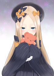 Rule 34 | 1girl, abigail williams (fate), absurdres, black bow, black dress, black hat, blonde hair, blue eyes, blush, bow, commentary request, covered mouth, dress, fate/grand order, fate (series), forehead, hair bow, hat, highres, holding, holding stuffed toy, long sleeves, looking at viewer, mishima ryo, orange bow, parted bangs, polka dot, polka dot bow, sleeves past wrists, solo, stuffed animal, stuffed toy, teddy bear