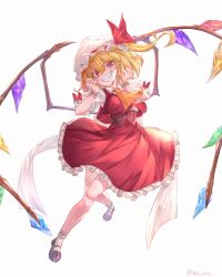 Rule 34 | 1girl, absurdres, ascot, blonde hair, crystal wings, dress, flandre scarlet, hand up, hat, hat ribbon, highres, majinno, mary janes, mob cap, red dress, red eyes, red nails, red ribbon, ribbon, sharp teeth, shoes, side ponytail, simple background, smile, solo, teeth, touhou, white background, yellow ascot