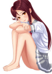 Rule 34 | 1girl, absurdres, artist name, artist request, blush, brown hair, feet, female focus, full body, grey skirt, highres, legs together, long hair, looking at viewer, love live!, love live! sunshine!!, maroon hair, neckerchief, parted lips, pleated skirt, red hair, sakurauchi riko, scarf, school uniform, short sleeves, skirt, smile, solo, white background, yellow eyes