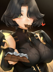 Rule 34 | 1girl, bababababan, black survival, bodysuit, breasts, candy, chocolate, chocolate bar, collarbone, food, food in mouth, green eyes, hair over one eye, heart, highres, large breasts, long bangs, medium hair, rozzi (black survival), solo