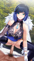 Rule 34 | 1boy, 1girl, absurdres, bare shoulders, black hair, blue hair, blush, bob cut, breasts, censored, cleavage, diagonal bangs, dice, earrings, erection, female pubic hair, fur trim, genshin impact, gloves, green eyes, hetero, highres, houriigurei, imminent penetration, imminent vaginal, jacket, jewelry, just the tip, large breasts, looking at viewer, mole, mole on breast, multicolored hair, penis, pubic hair, pussy, sex, short hair, smile, solo focus, spread legs, thighhighs, vaginal, yelan (genshin impact)