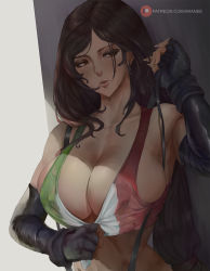 Rule 34 | 1girl, araneesama, arm up, bare shoulders, black gloves, breasts, brown eyes, brown hair, cleavage, clothes pull, crop top, dangle earrings, earrings, elbow gloves, female focus, final fantasy, final fantasy vii, final fantasy vii remake, fingerless gloves, gloves, highres, italian flag bikini, italian senate porn livestream (meme), italian senate porn livestream (meme), jewelry, large breasts, long hair, looking to the side, meme, paid reward available, parted lips, patreon username, shirt pull, solo, square enix, suspenders, tank top, tifa lockhart, watermark, web address, white background